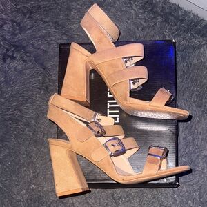 Suede Tan Strappy Block Heel Sandals - Women